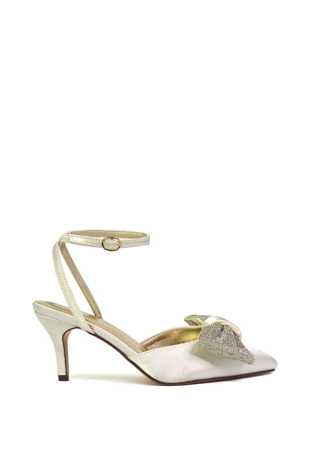 XY London Women's 'Solene' Diamante Bow Pointed Toe Court Shoes Mid Stiletto Bridal Heels in Ivory | Size: 6