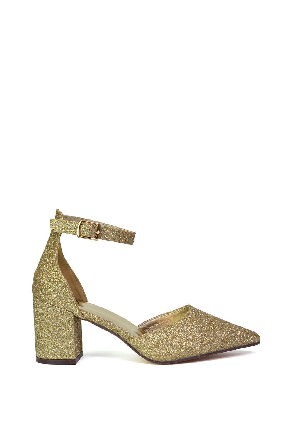 XY London Women's 'Bronte' Pointed Toe Strappy Mid Block Heel Sandal Court Shoe in Gold | Size: 3