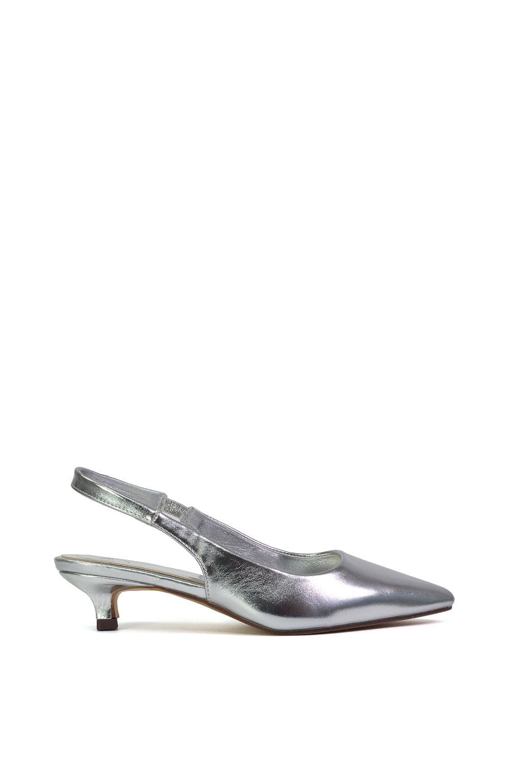 XY London Women's 'Avalone' Pointed Toe Sling Back Kitten Heel Sandals in Metallic Silver | Size: 7
