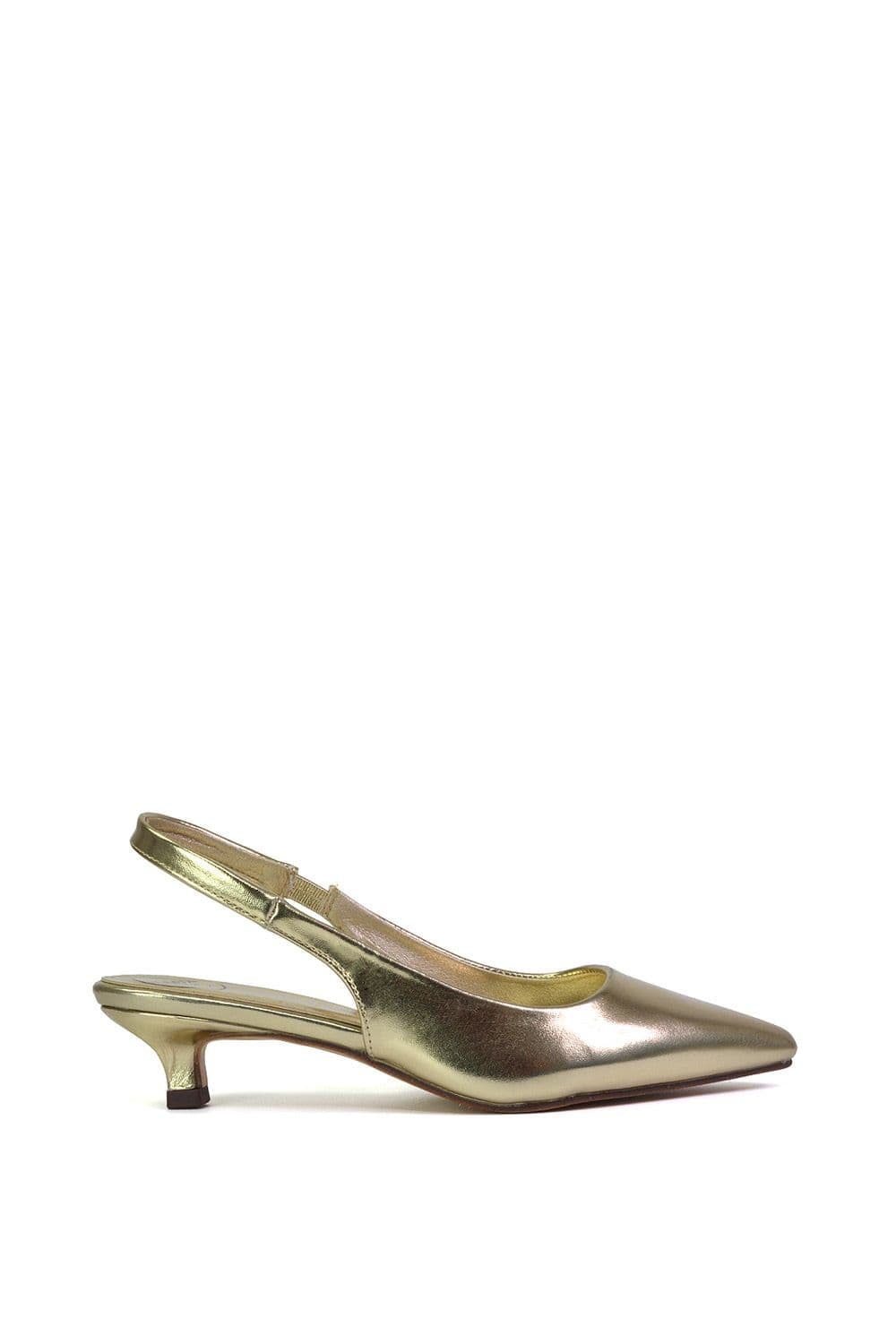 XY London Women's 'Avalone' Pointed Toe Sling Back Kitten Heel Sandals in Metallic Gold | Size: 5