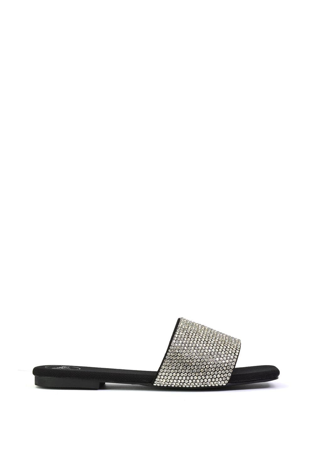 XY London Women's 'Vanity' Flat Diamante Gem Crystal Sandals with a Square Toe in Black | Size: 3