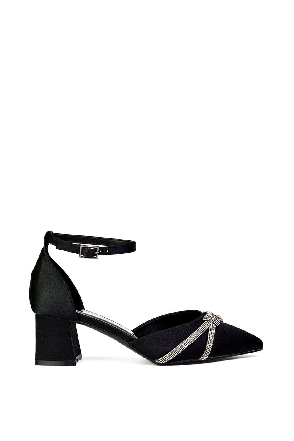 XY London Women's 'Sarah' Ankle Strap Pointed Toe Diamante Mid Block Heels in Black | Size: 4
