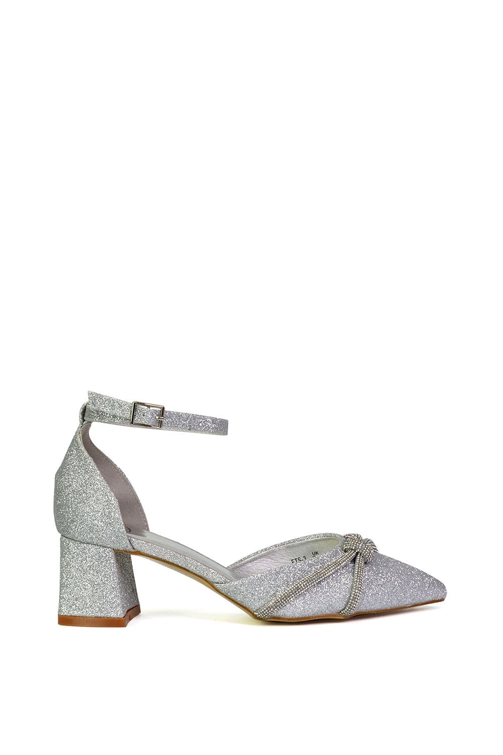 XY London Women's 'Sarah' Ankle Strap Pointed Toe Diamante Mid Block Heels in Silver | Size: 8
