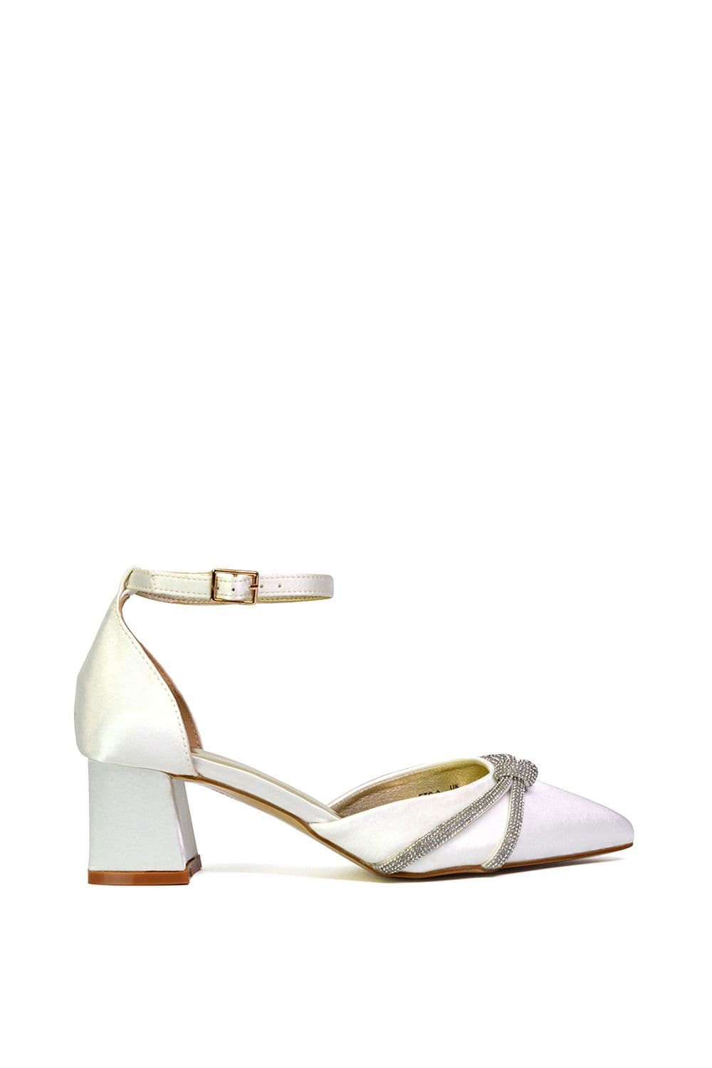 XY London Women's 'Sarah' Ankle Strap Pointed Toe Diamante Mid Block Heels in Ivory | Size: 3