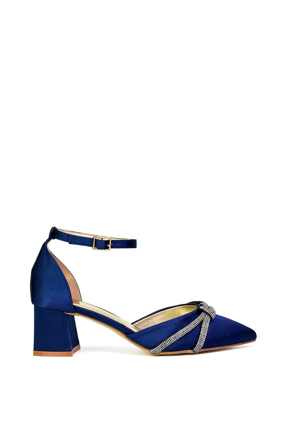 XY London Women's 'Sarah' Ankle Strap Pointed Toe Diamante Mid Block Heels in Navy | Size: 3