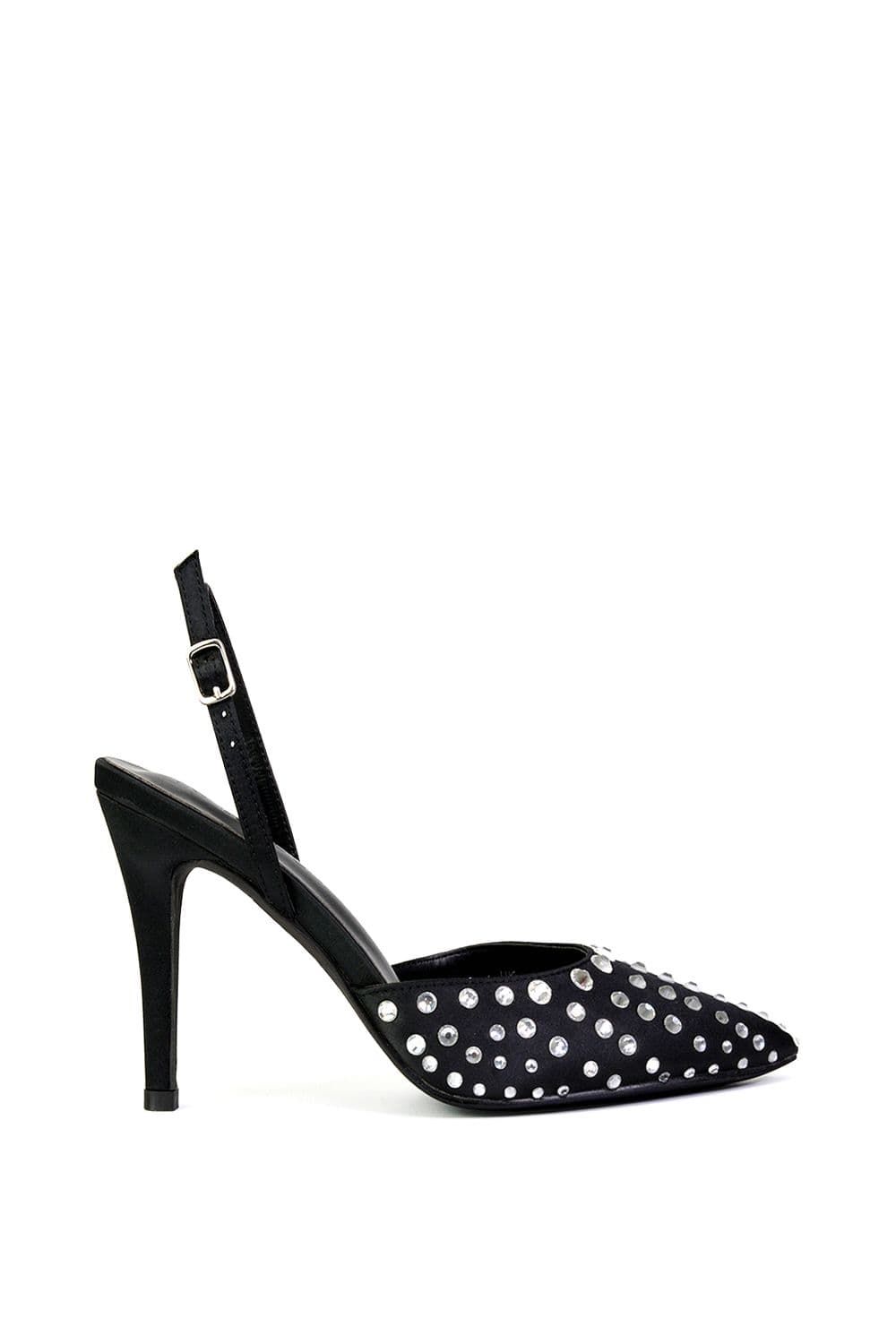 XY London Women's 'Shelly' Strappy Slingback Pointed Toe Diamante Stiletto Bridal Heels in Black | Size: 5