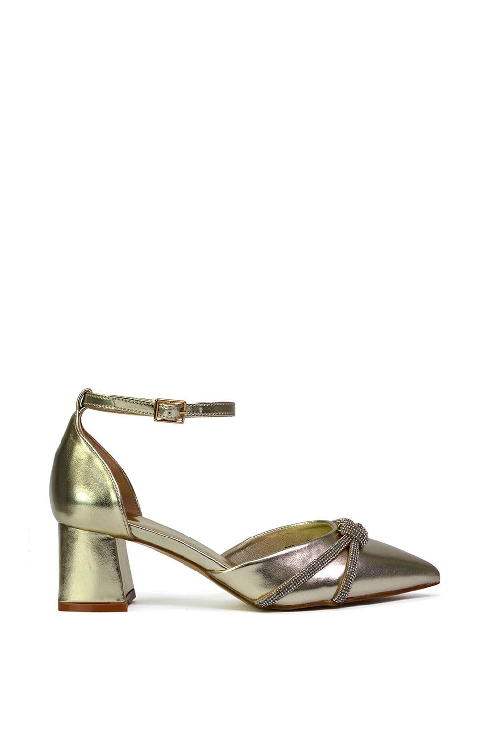 XY London Women's 'Sarah' Ankle Strap Pointed Toe Diamante Mid Block Heels in Metallic Gold | Size: 6
