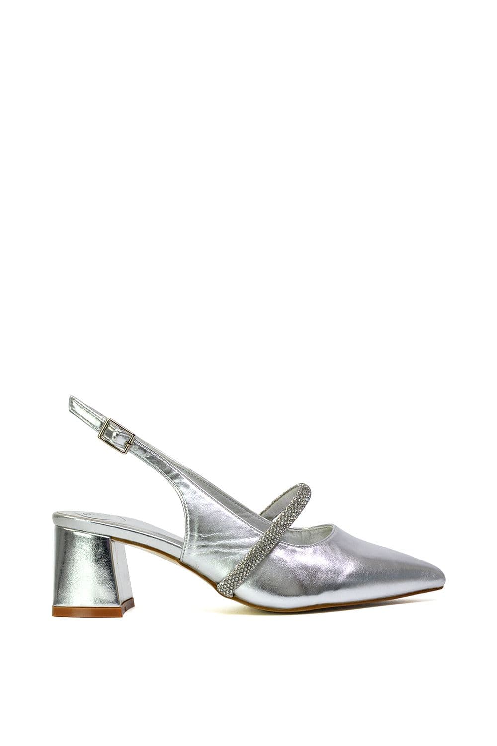 XY London Women's 'Sandie' Sling Back Strappy Pointed Toe Diamante Mid Block Heels in Metallic Silver | Size: 4