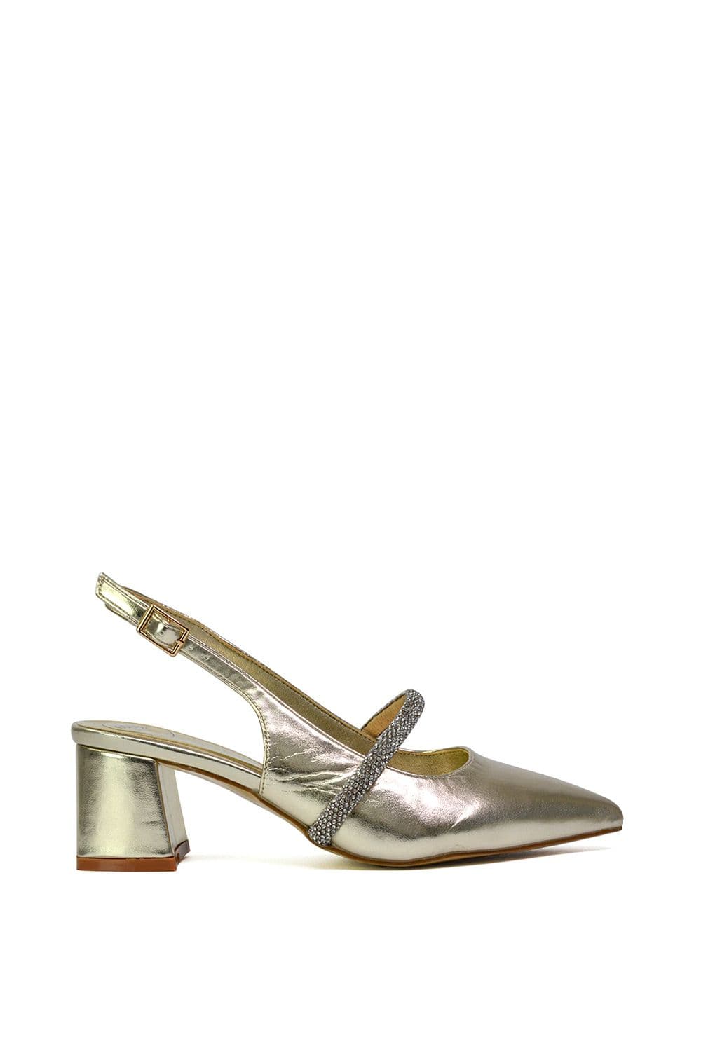 XY London Women's 'Sandie' Sling Back Strappy Pointed Toe Diamante Mid Block Heels in Metallic Gold | Size: 8