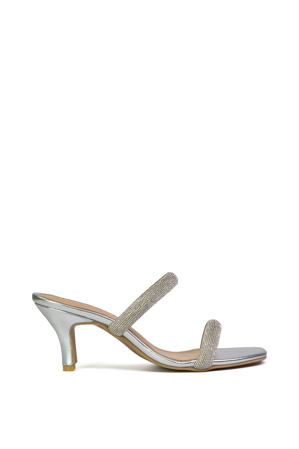 XY London Women's 'Nancy' Square Toe Diamante Strappy Slip On Low Kitten Heel Mules in Silver | Size: 4