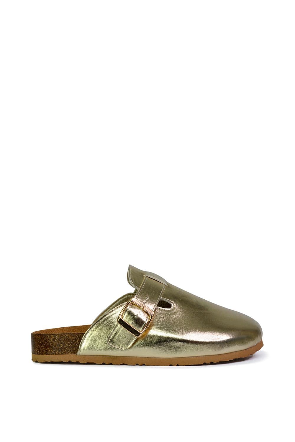 XY London Women's 'Lucy' Slip On Flat Cork Slider Mules in Metallic Gold | Size: 5