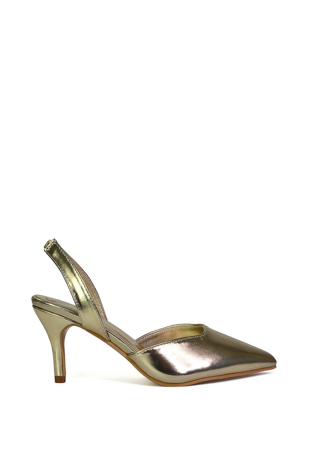 XY London Women's 'Imogen' Pointed Toe Sling Back Stiletto Mid Heel Court Shoes in Metallic Gold | Size: 4