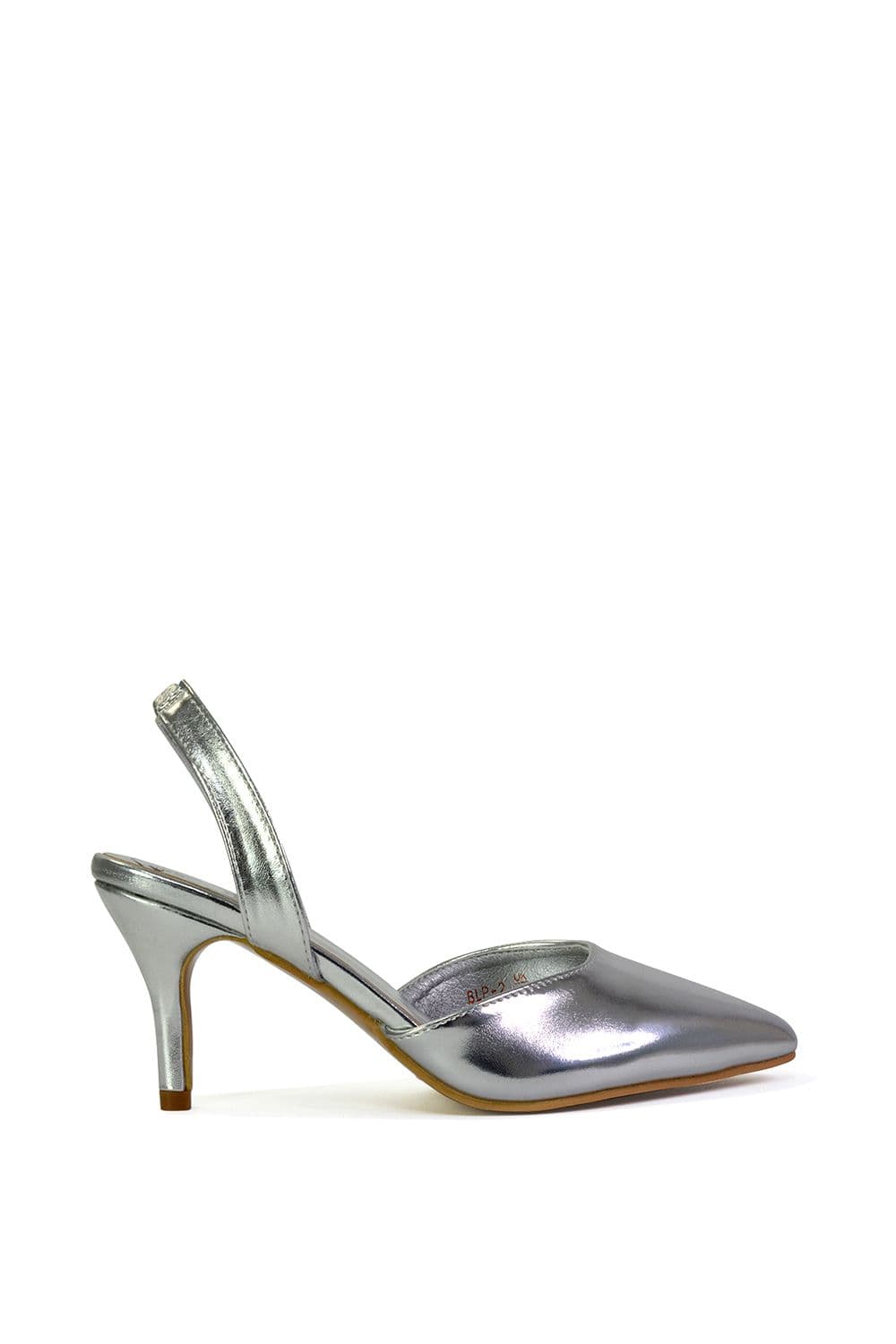 XY London Women's 'Imogen' Pointed Toe Sling Back Stiletto Mid Heel Court Shoes in Metallic Silver | Size: 5