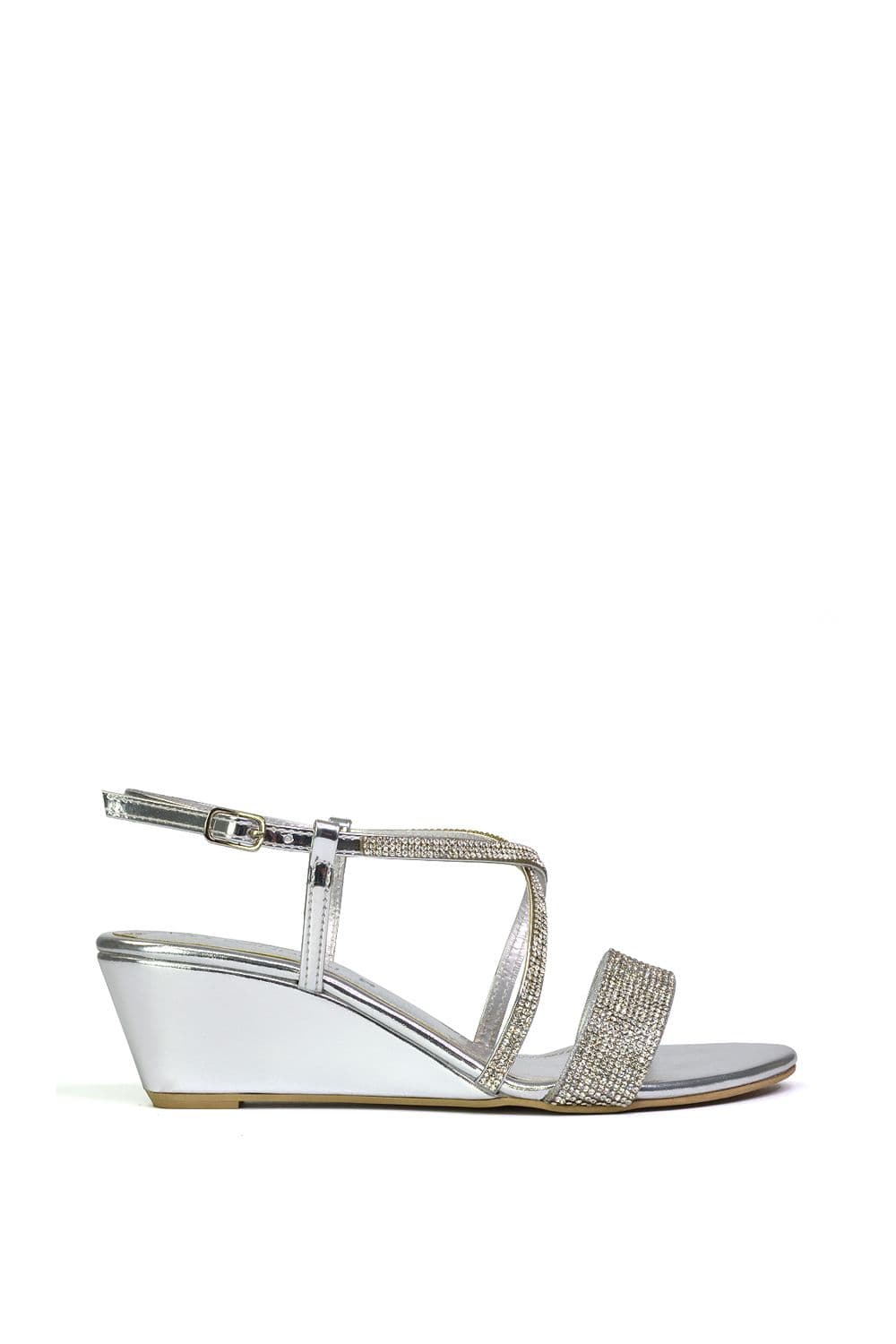 XY London Women's 'Ocean' Sparkly Gem Crystal Diamante Ankle Strap Sandal Wedge Heels in Silver | Size: 7