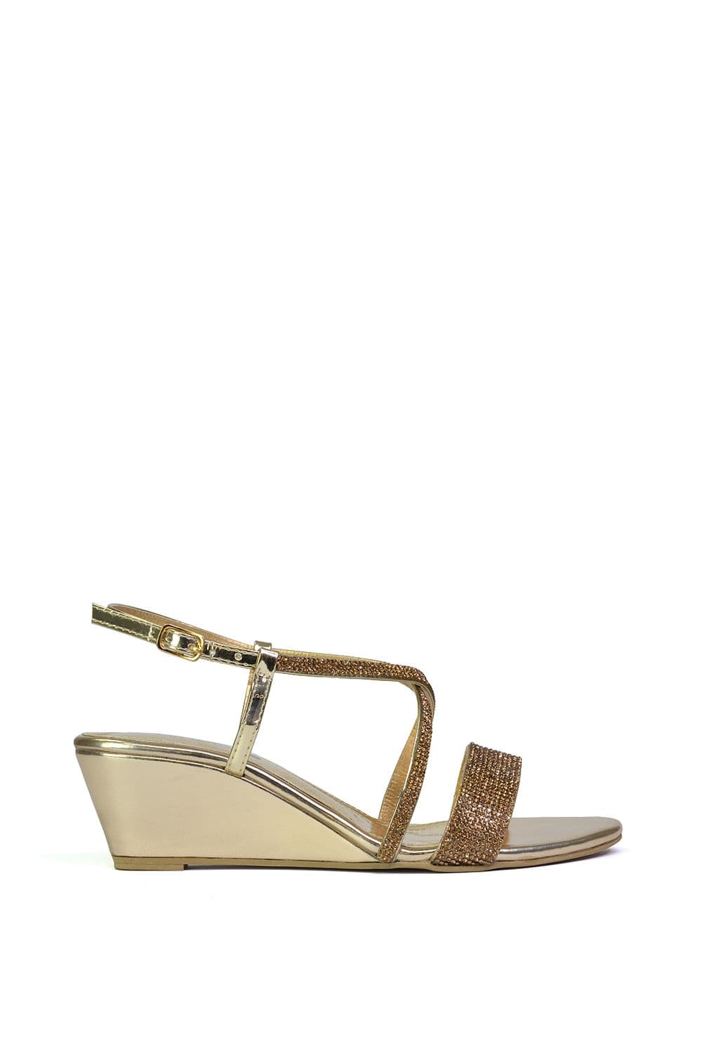 XY London Women's 'Ocean' Sparkly Gem Crystal Diamante Ankle Strap Sandal Wedge Heels in Gold | Size: 4