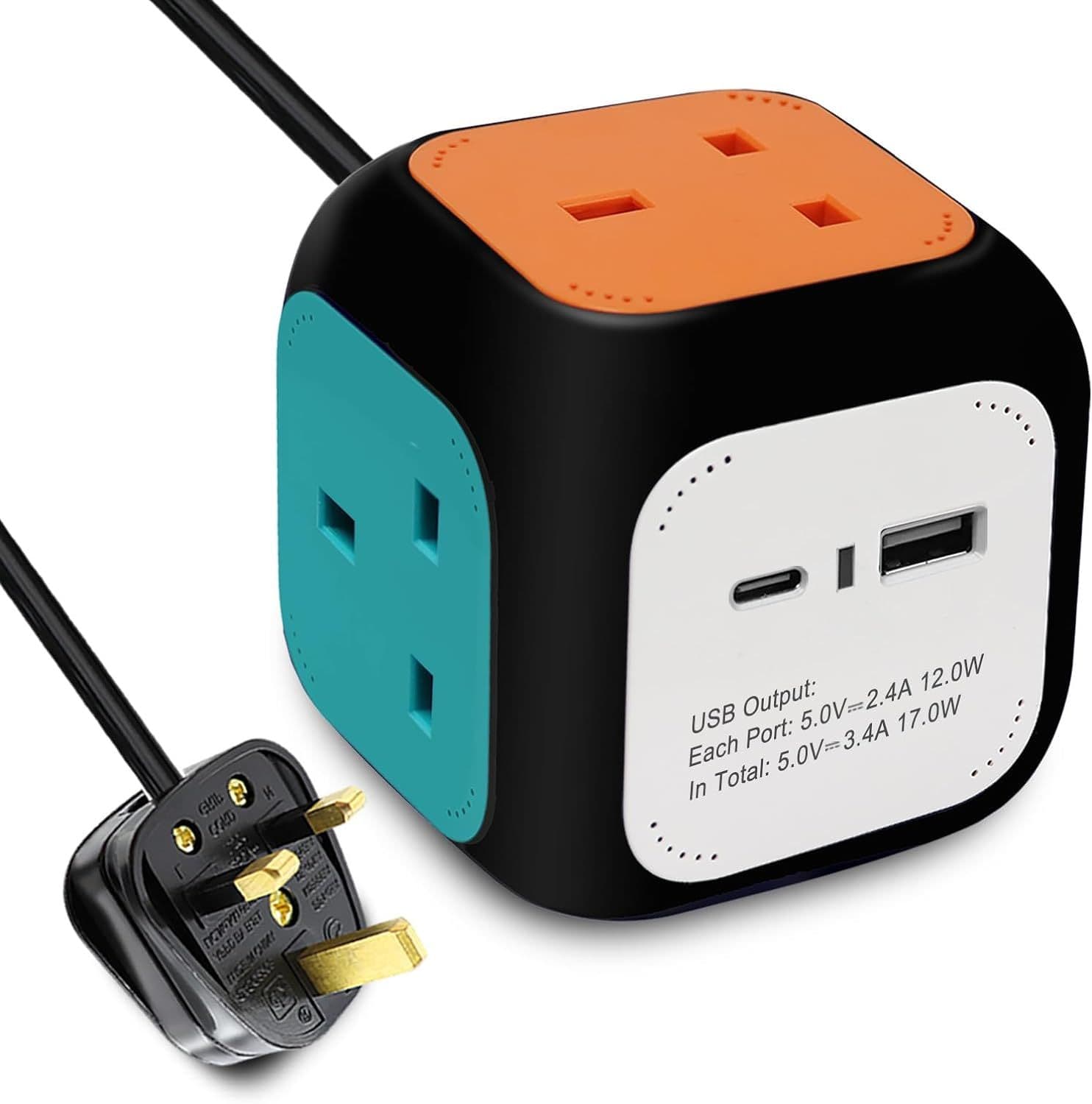 Rubik 4 Gang Cube Style Extension Lead USB Port Type C Port 1.5m Cable