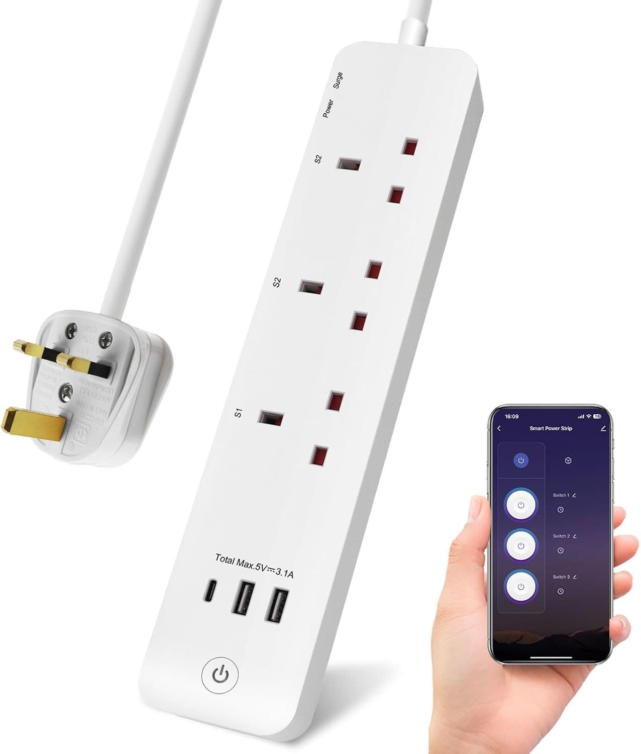 Smart WiFi Extension Lead 3 Outlets Surge Protected 1.4M Wi Fi Extension Lead 3 USB Ports