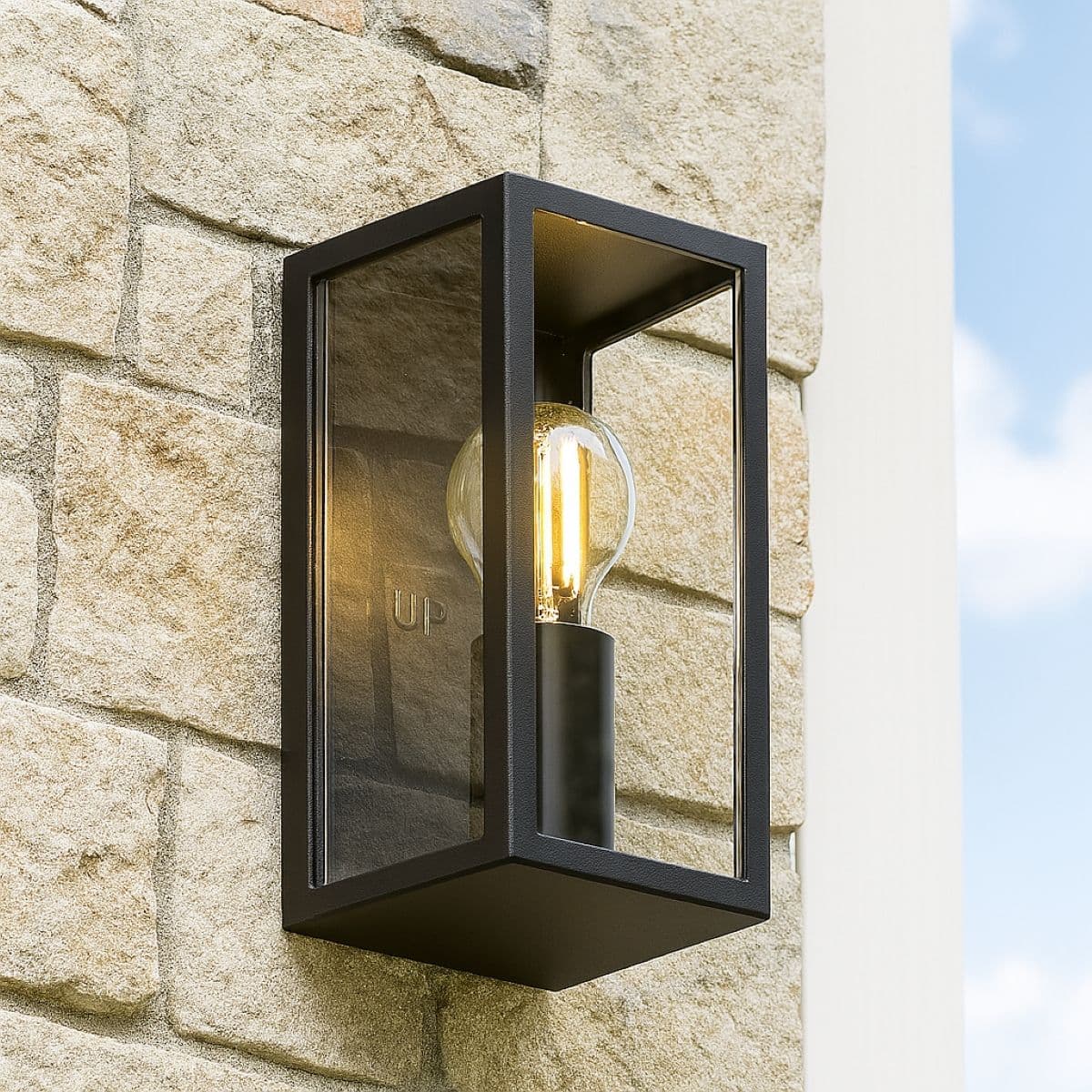'Marina' Black E27 Outdoor Wall Light Box Lantern Clear Diffuser IP44