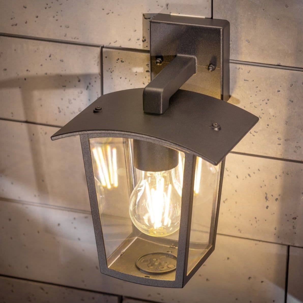 'Ally' Black E27 Outdoor Wall Light Lantern Clear Diffuser IP44 Down