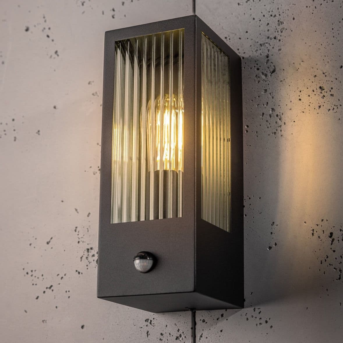 CGC Lighting 'Stella'  Bevelled Glass Black E27 Outdoor Box Wall Light with PIR Motion Sensor