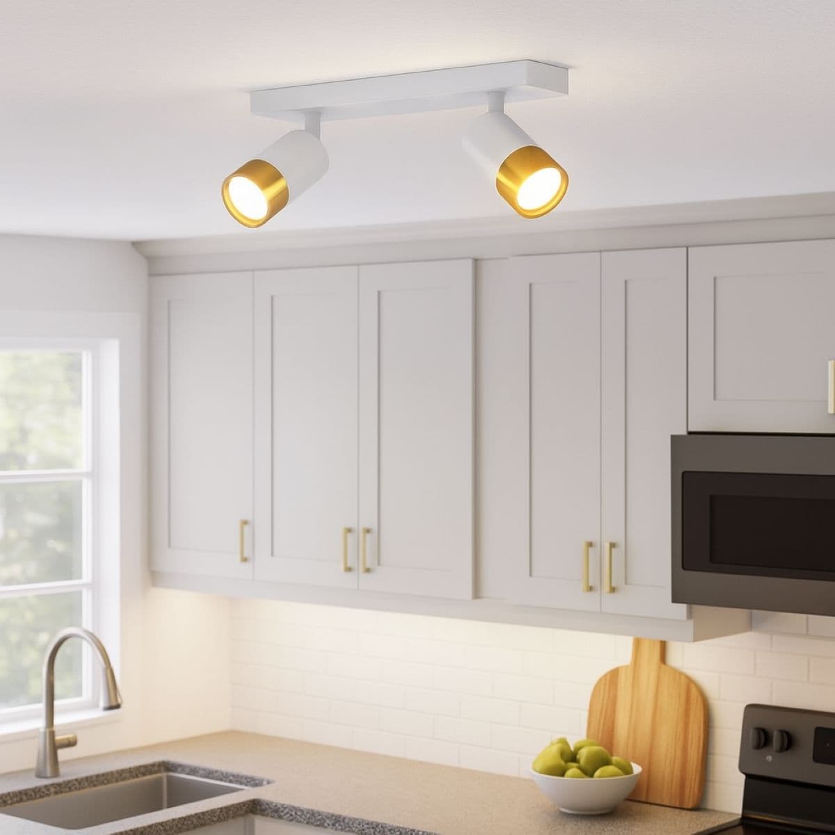 'Puzon' White & Gold GU10 Adjustable Twin Two Head GU10 Ceiling Spotlight Bar Light