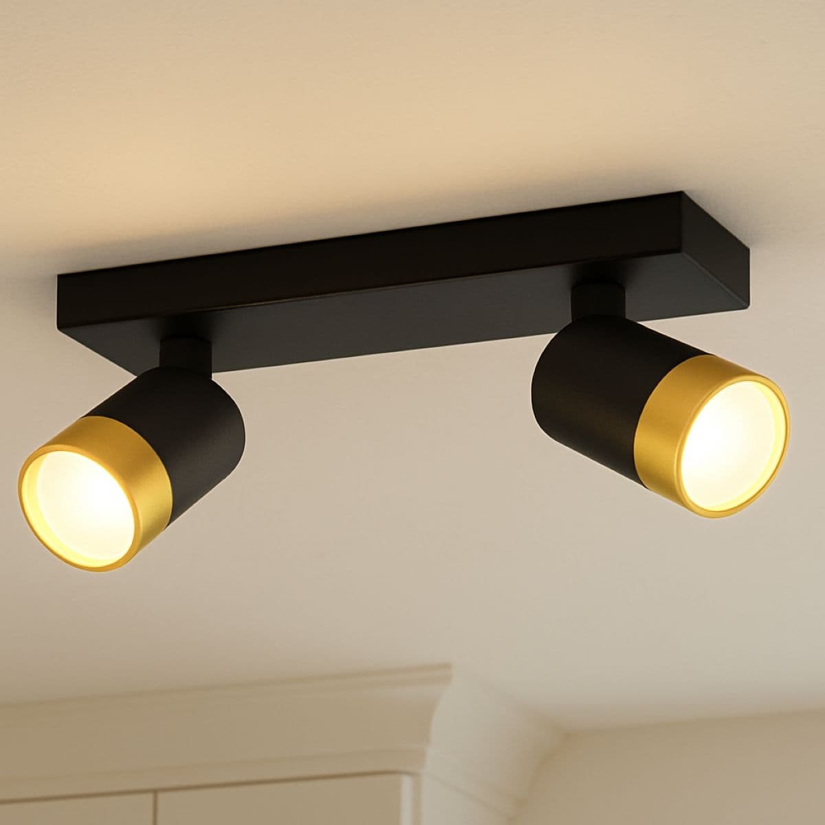 'Puzon'  Black & Gold GU10 Adjustable Twin Two Head GU10 Ceiling Spotlight Bar Light