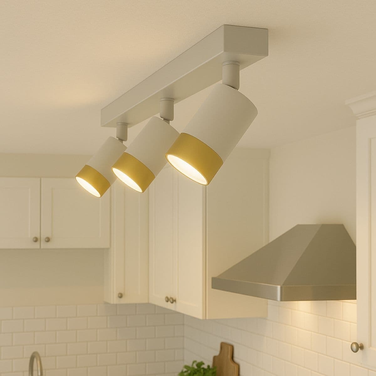 'Puzon'  White & Gold GU10 Adjustable Triple Three Head GU10 Ceiling Spotlight Bar Light