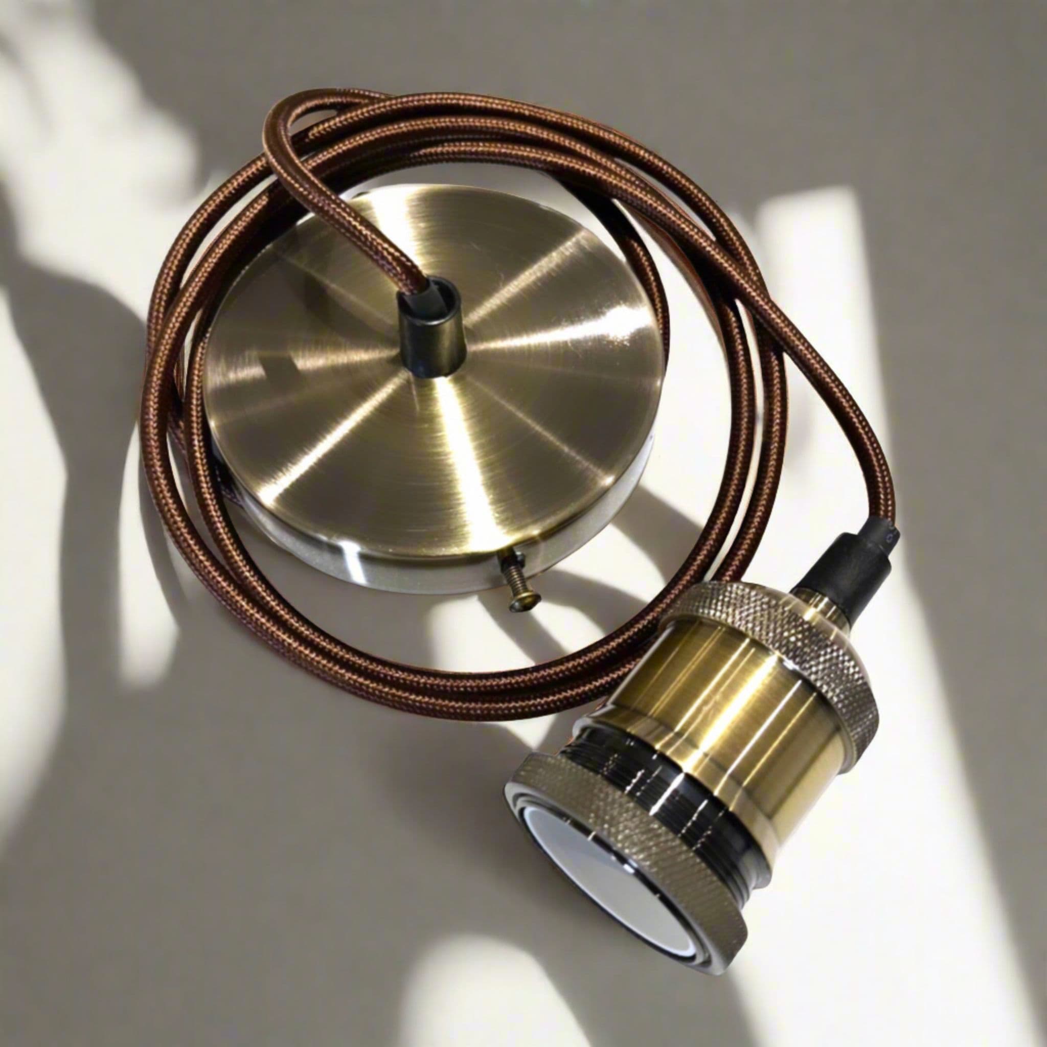 'Cassie' Antique Brass 1.5m Adjustable E27 Ceiling Suspension Cable Pendant and Matching Ceiling Rose