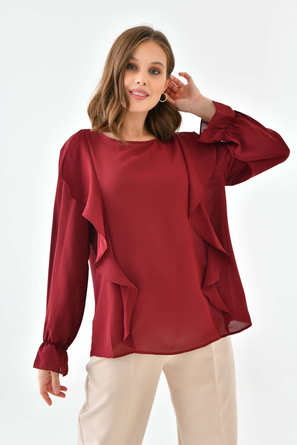 Oversized Frilled Front Blouse Detailed Cuffs