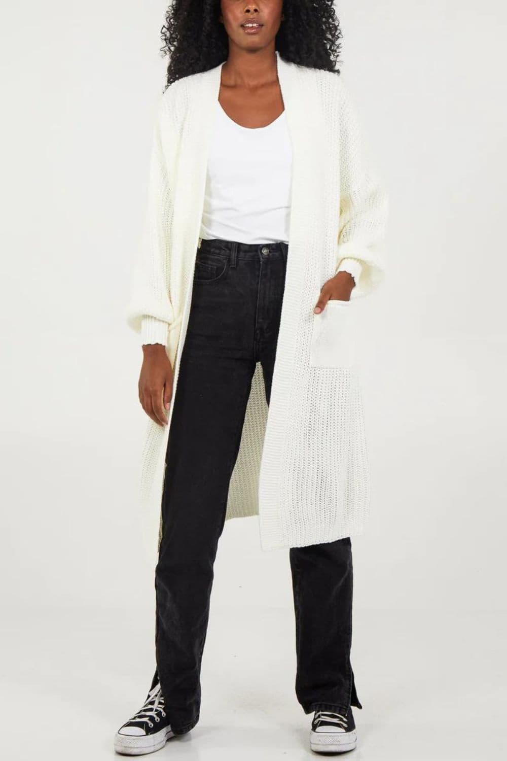 Oversized Long Sleeves Midi Knitted Cardigan Pocket Details