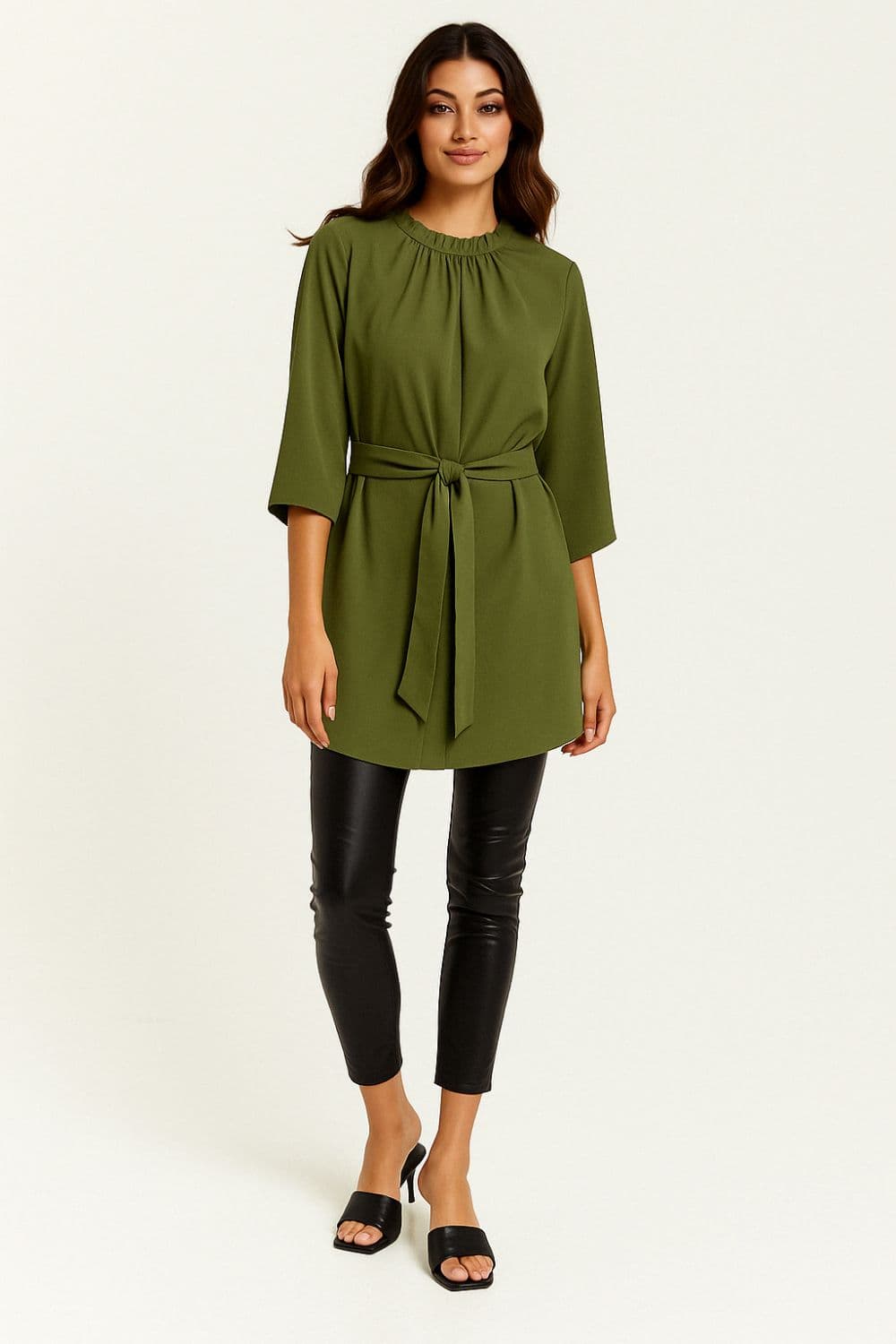 Tie Waisted Ruffle Neck Tunic 3 4 Sleeves