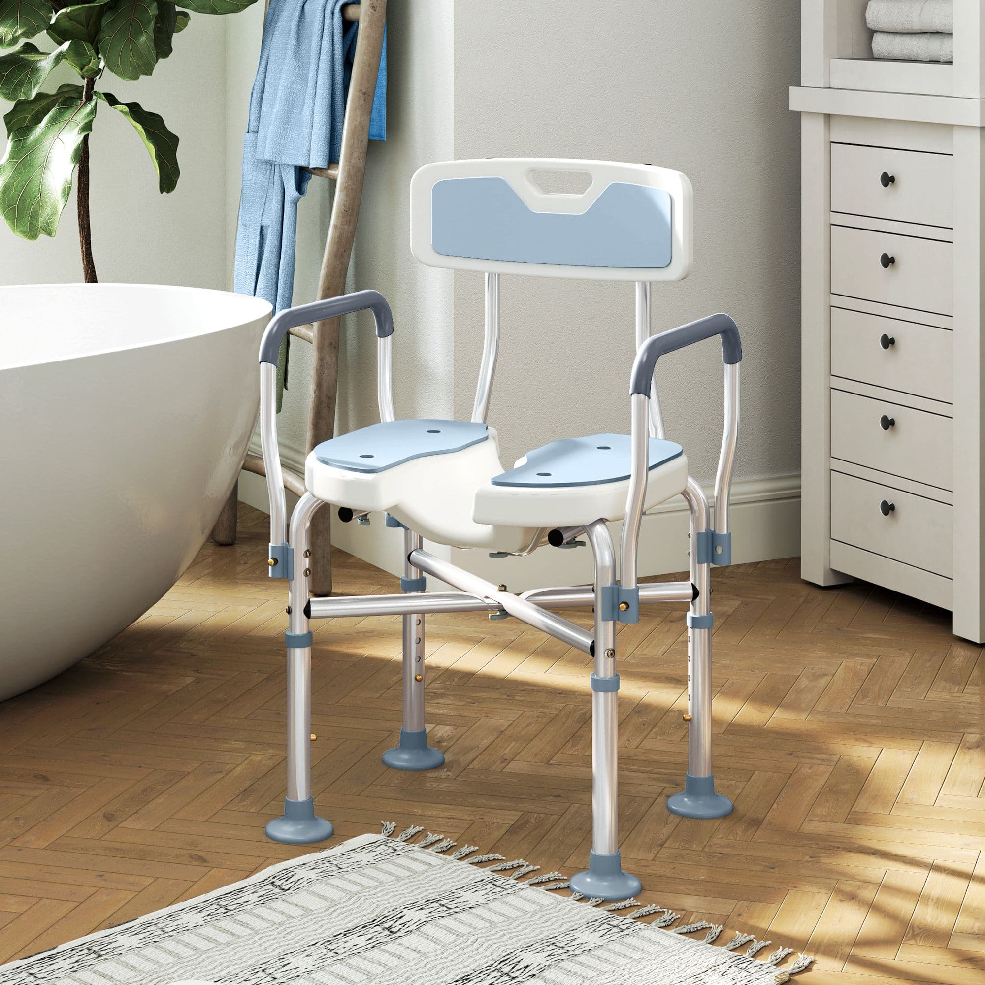 Padded Bath Chair with Slotted Seat and Adjustable Height, Light Blue