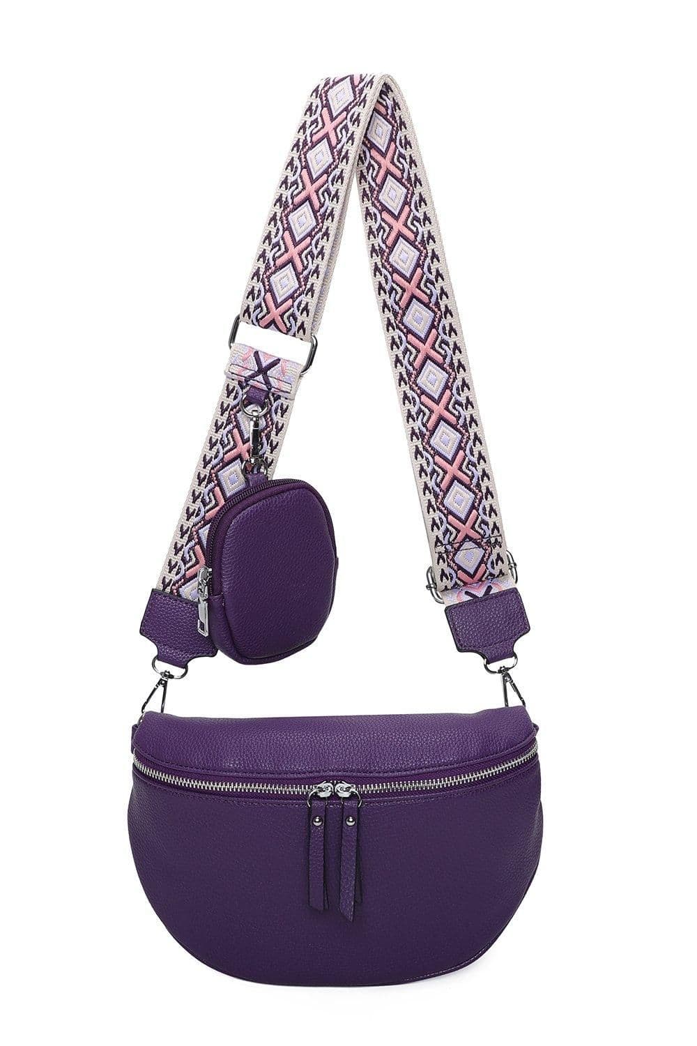 Fontanella Fashion Women's Mara Double Zip PU Crossbody Sling Bag with Canvas Strap & Mini Purse in Purple
