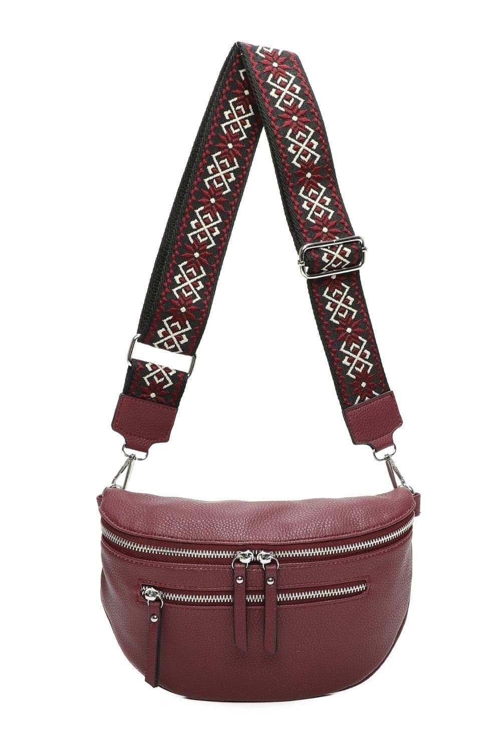 Fontanella Fashion Women's Rooney Triple Zip PU Crossbody Bag with Canvas Strap in Burgundy