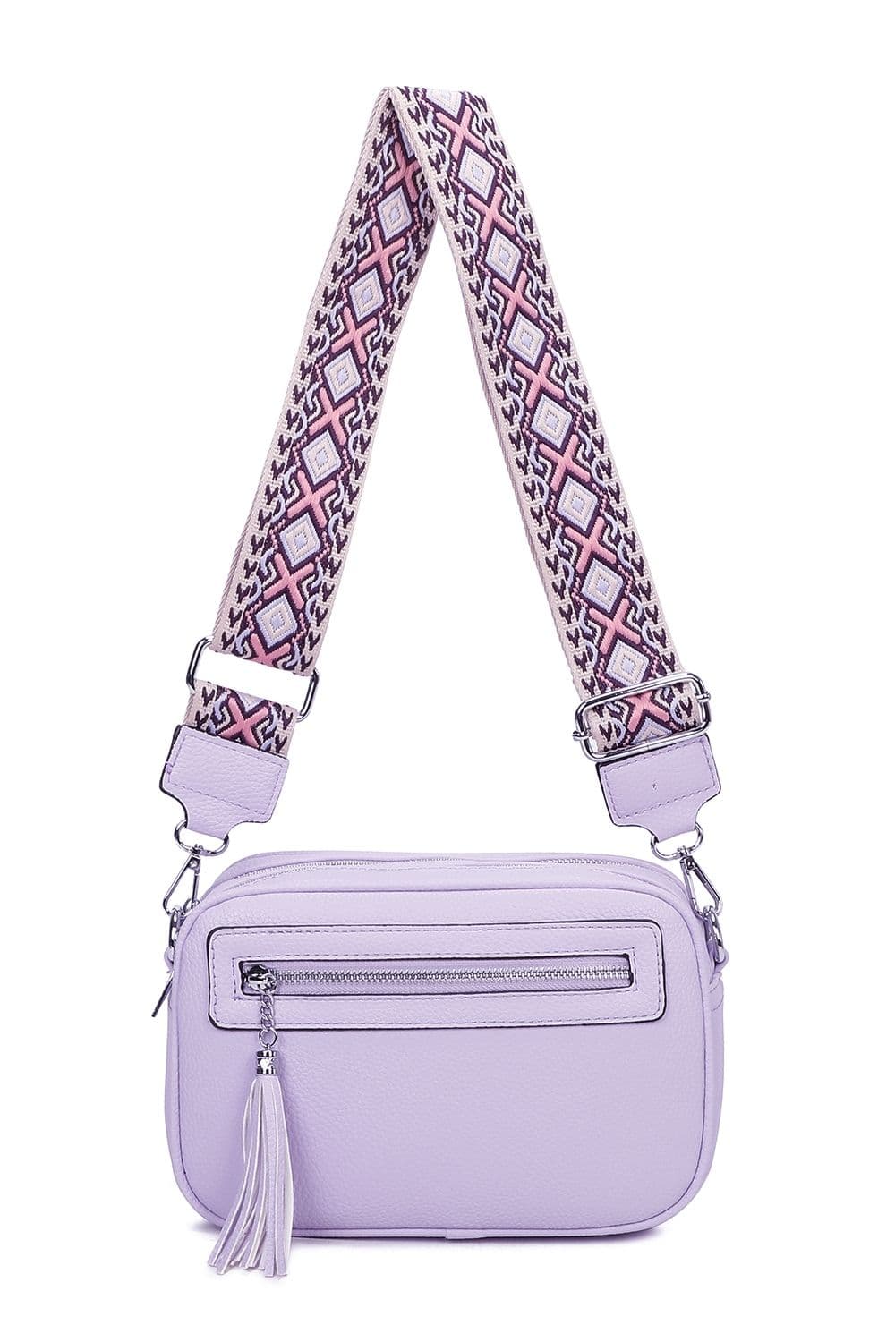 Fontanella Fashion Women's Quadruple Zipped PU Leather Tassel Crossbody Camera Bag with Canvas Strap in Lilac