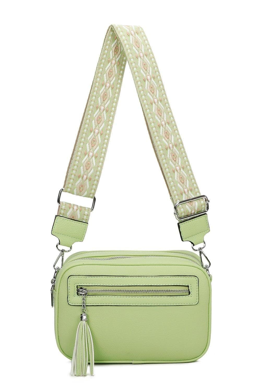 Quadruple Zipped PU Leather Tassel Crossbody Camera Bag Canvas Strap
