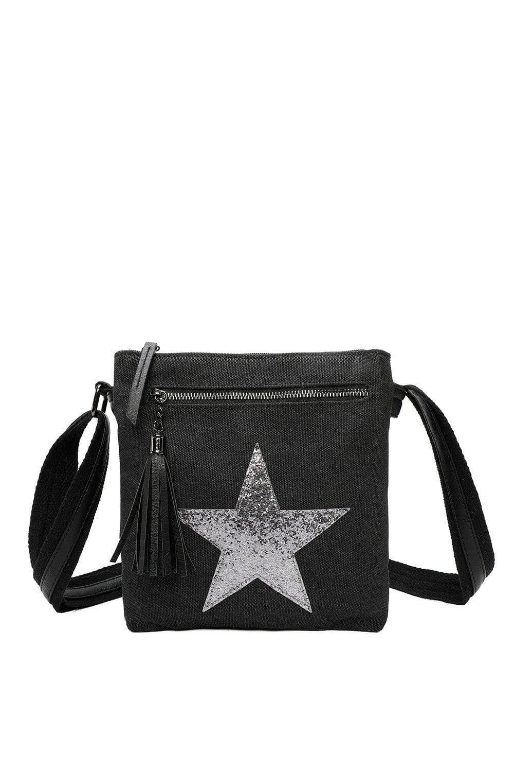 Fontanella Fashion Women's Star Tassel Triple Zip Canvas Crossbody Messenger Bag in Black