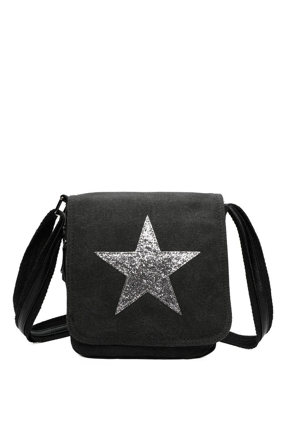 Fontanella Fashion Women's Star Flap Tassel Triple Zip Canvas Crossbody Messenger Bag in Black