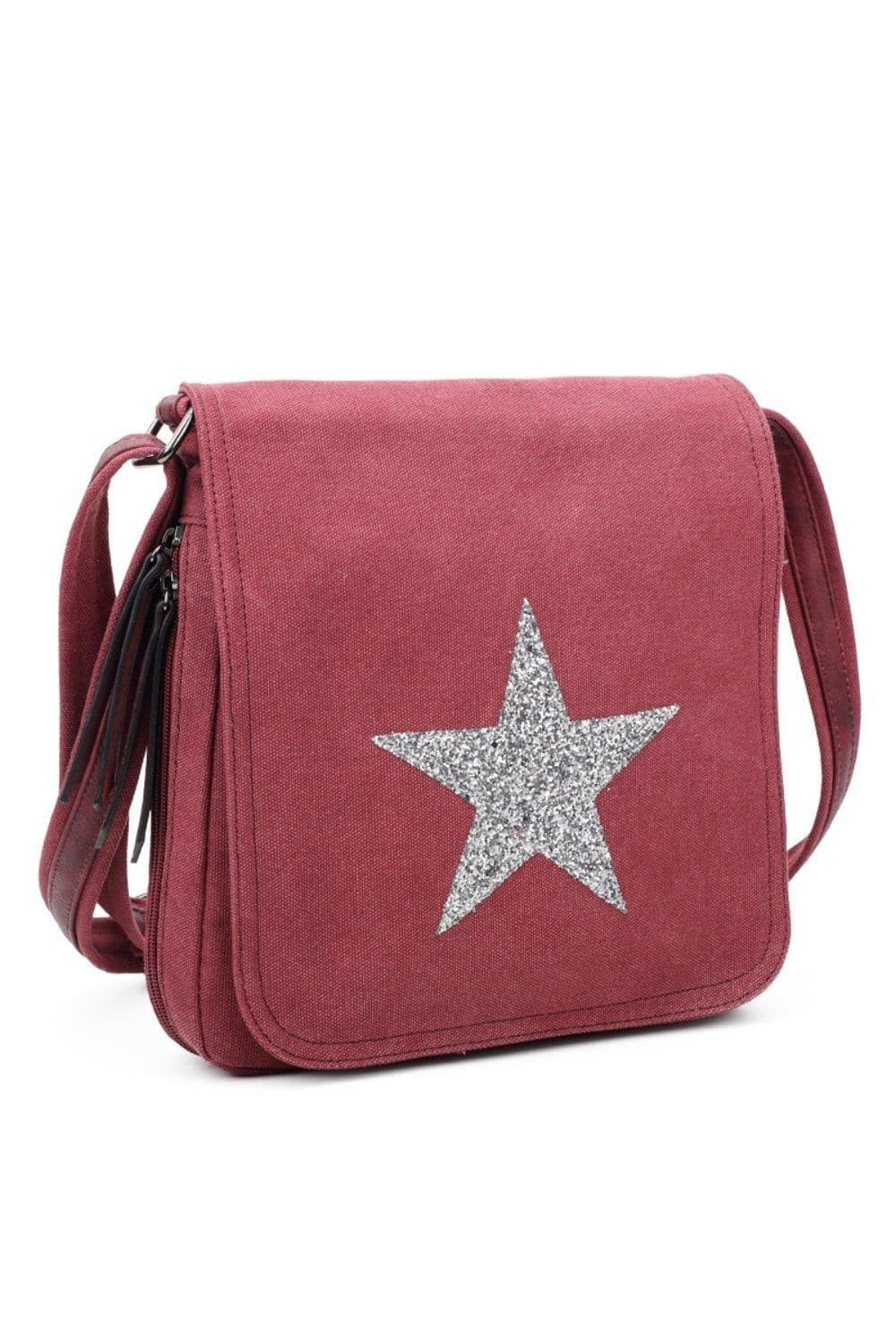 Fontanella Fashion Women's Star Flap Medium Size Triple Zip Canvas Crossbody Messenger Bag in Burgundy