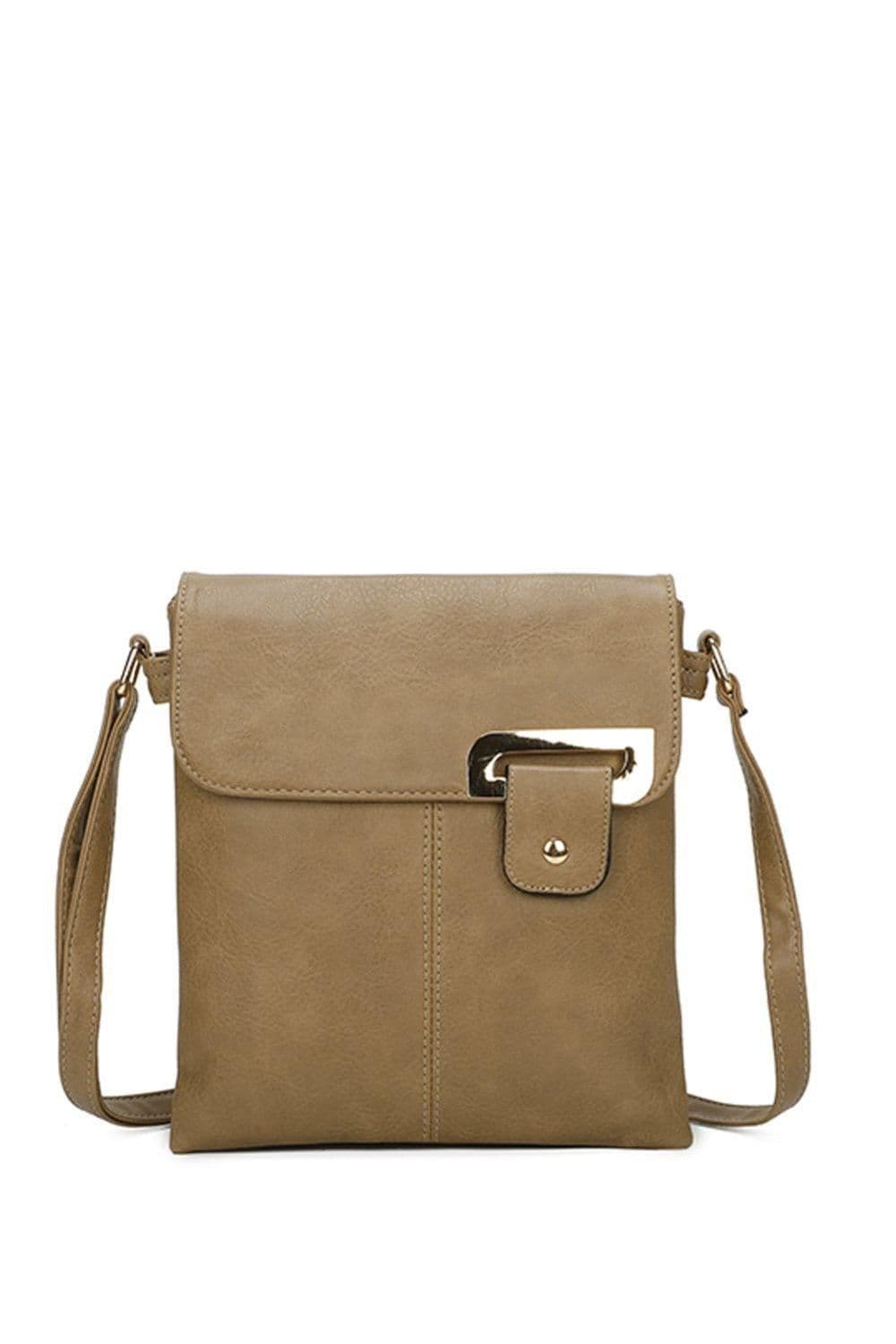 Fontanella Fashion Women's Clasico Gold Accent Buckle PU Leather Crossbody Messenger Bag in Taupe