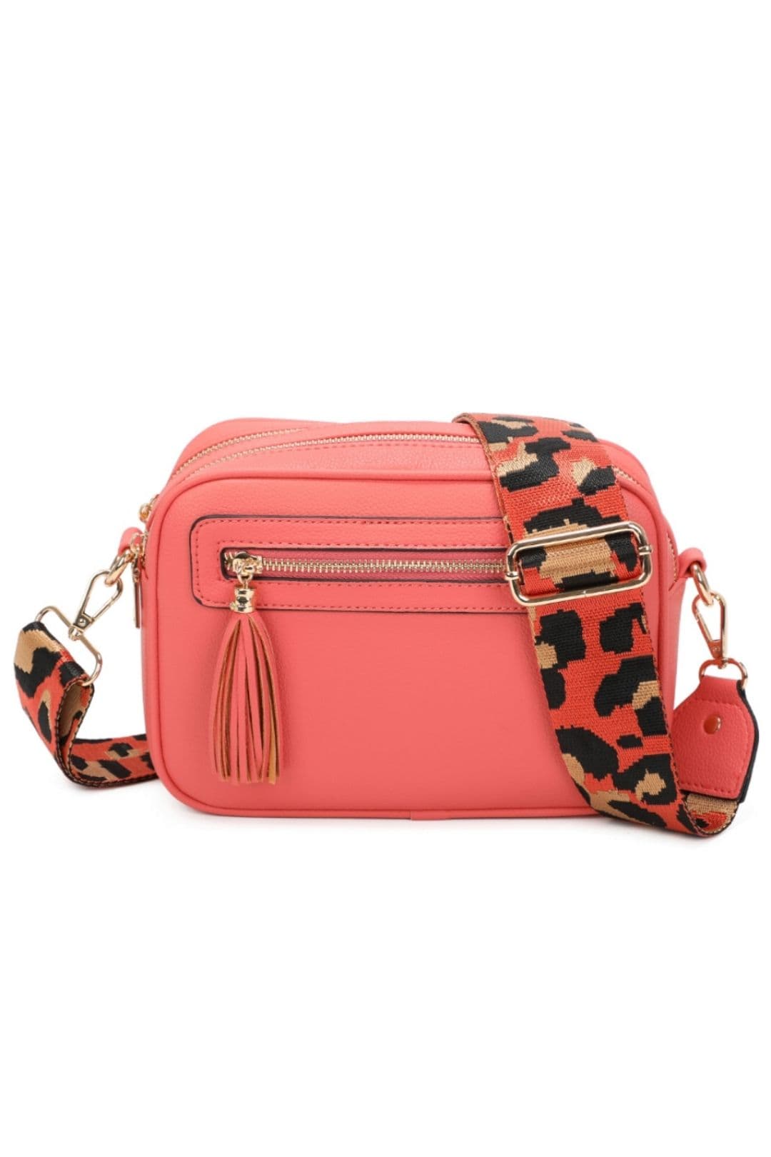 Fontanella Fashion Women's Tassel Zip Crossbody Bag with Canvas Strap in Coral