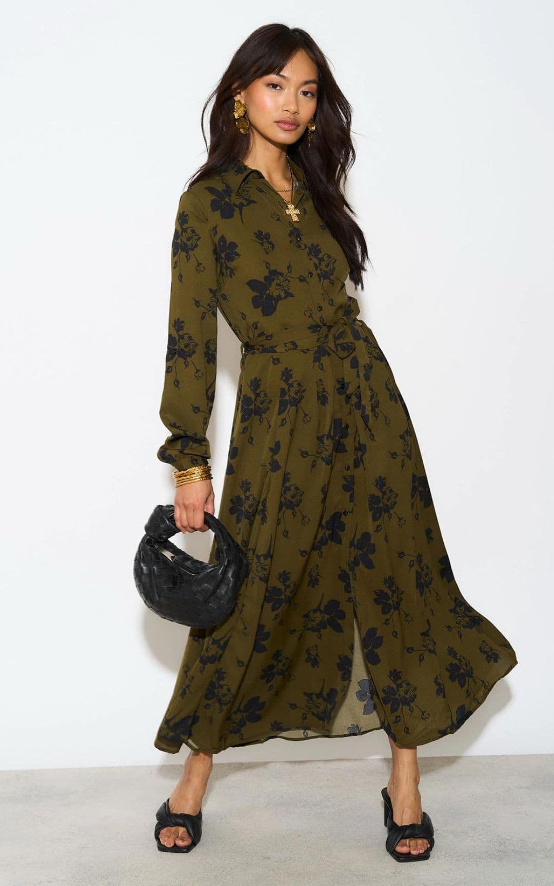 Floral Print Long Sleeve Midaxi Shirt Dress