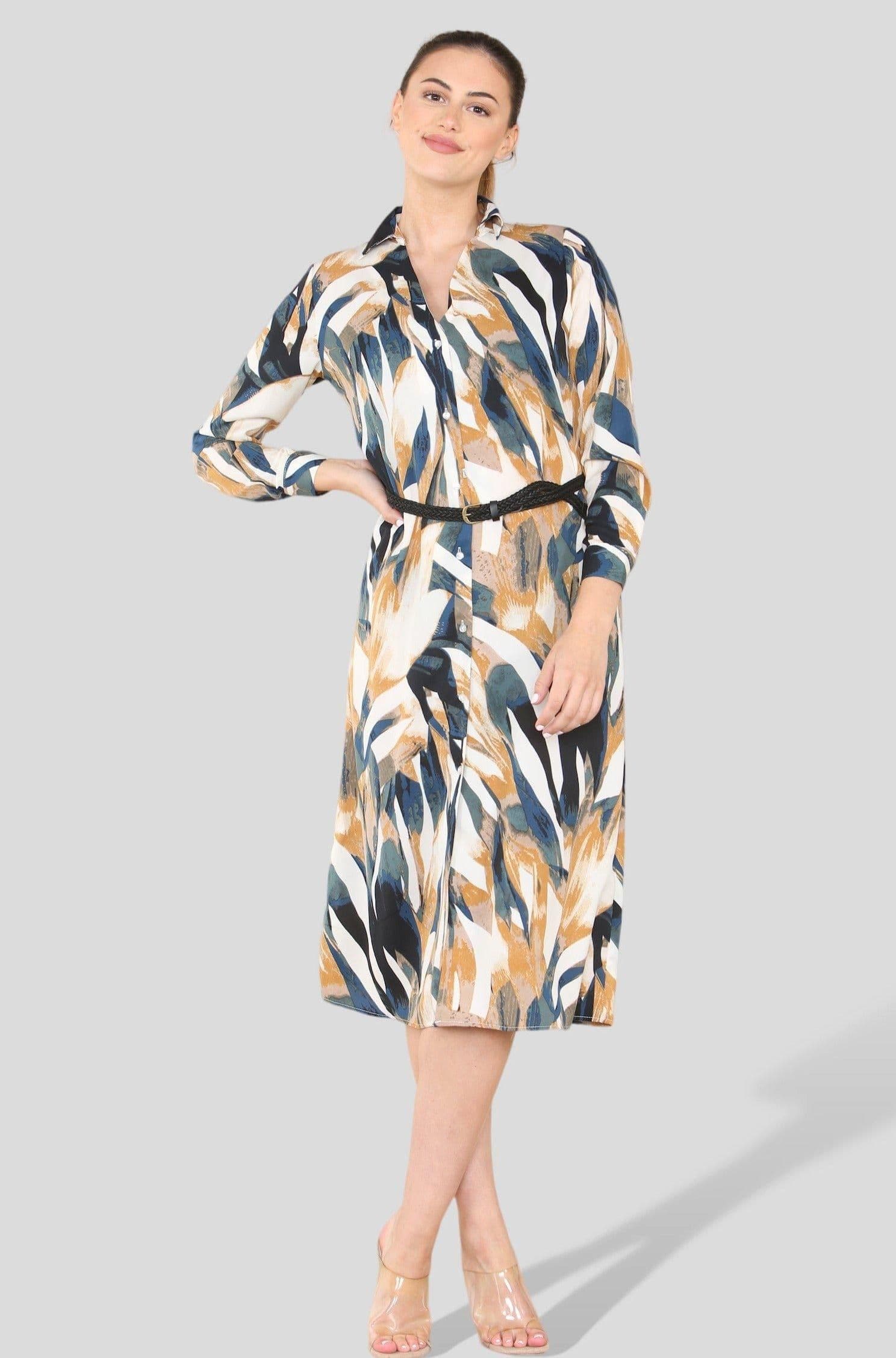 Abstract Floral Print PU Belt Line Midi Shirt Dress