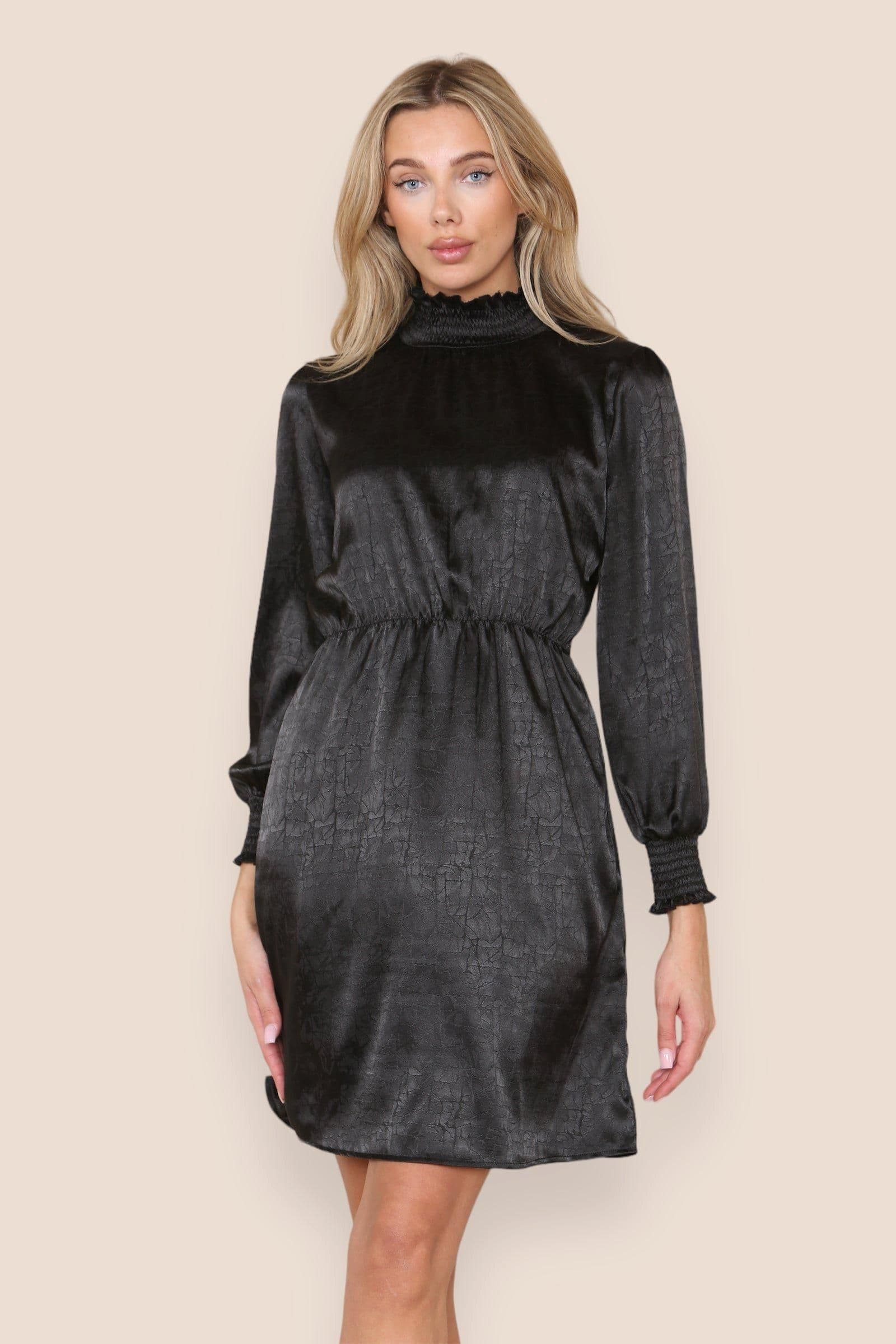 Floral Jacquard Satin Shirred Waist High Neck Shift Mini Dress