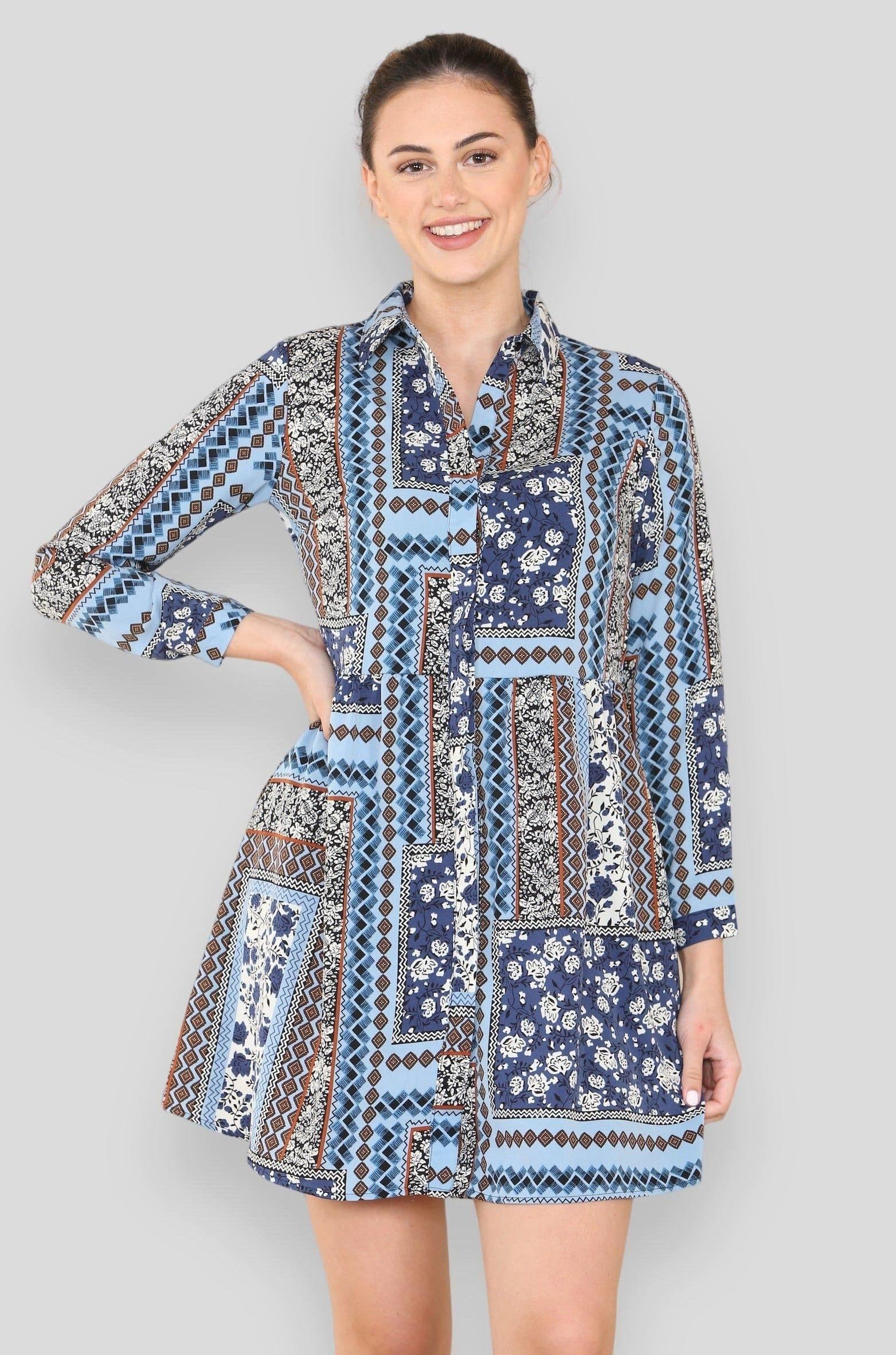 Border Print Smock Mini Shirt Dress
