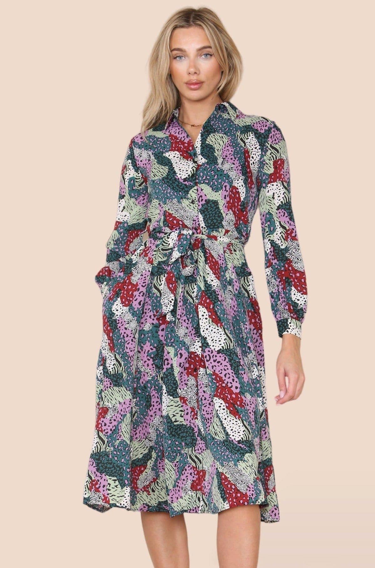 Patch Leopard Print Long Sleeve Midi Shirt Dress