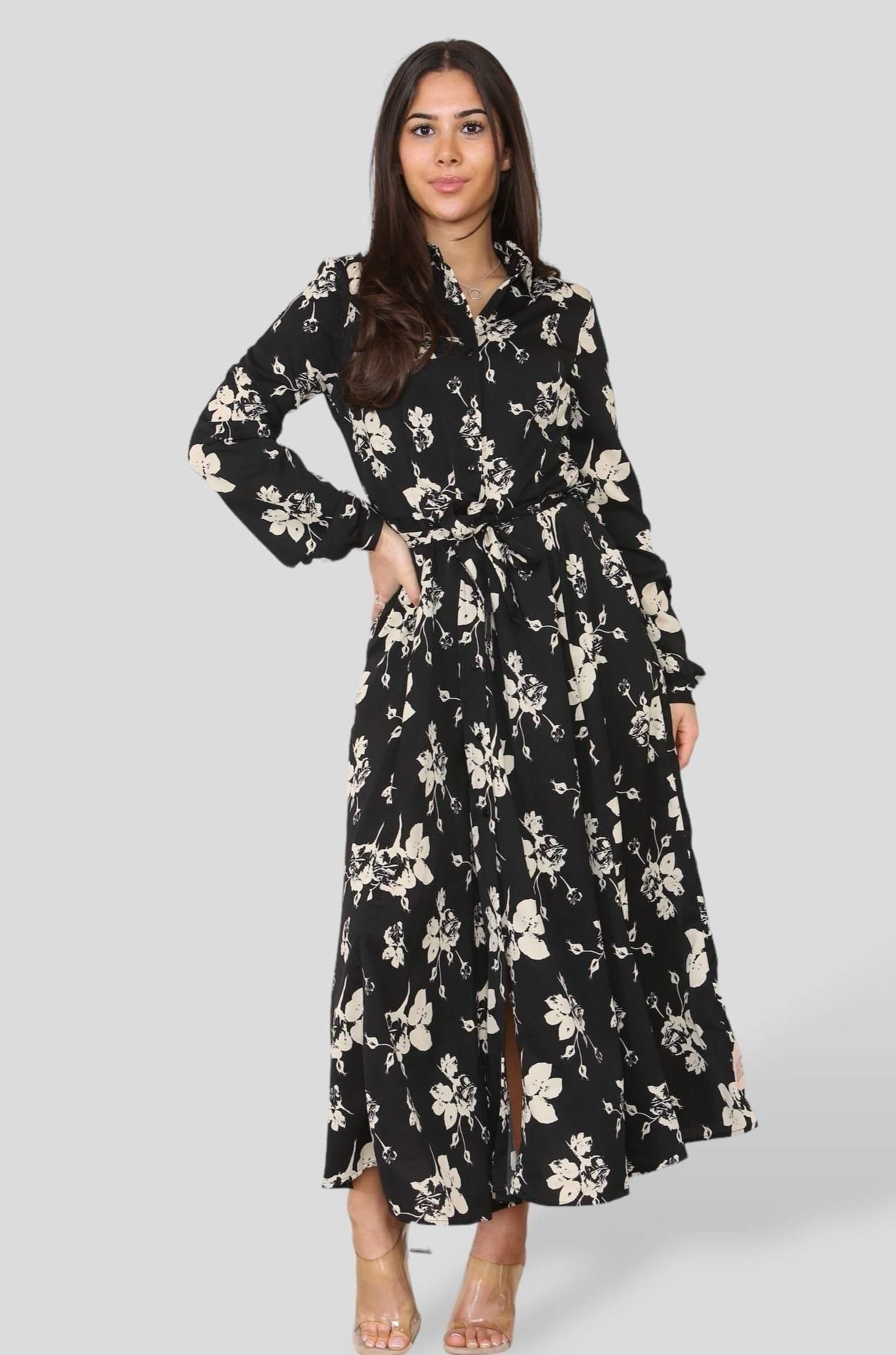Floral Print Long Sleeve Midi Shirt Dress