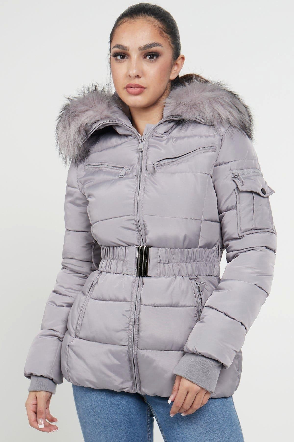 Belted Puffer Coat Faux Fur on Hood