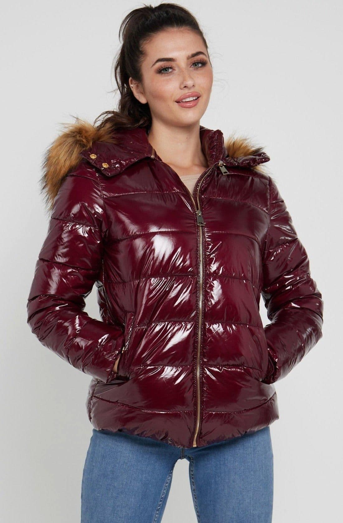 Elastic Waist Shiny Puffer Jacket Faux Fur on Hood