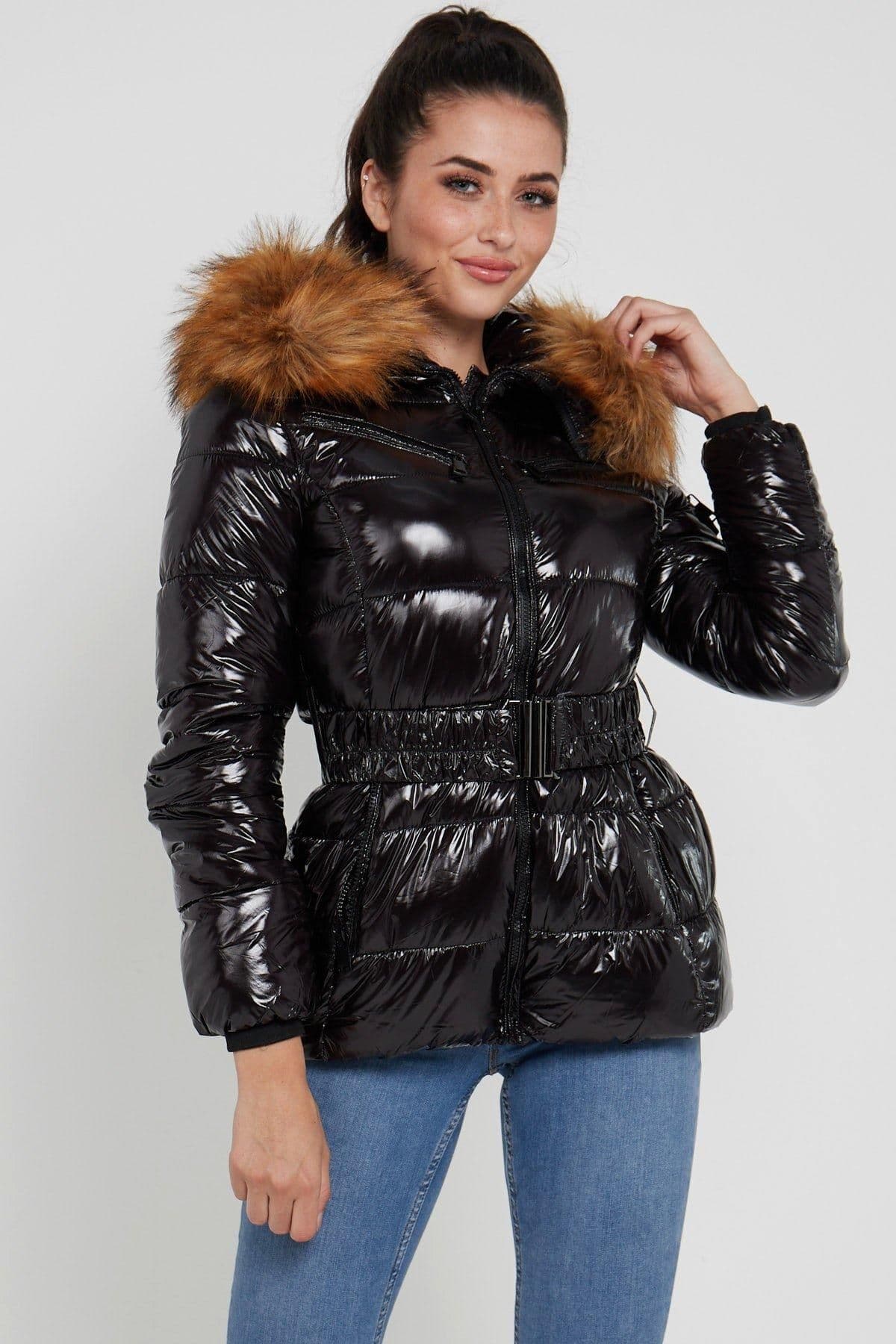 Wet Look Belted Puffer Coat Faux Fur hood